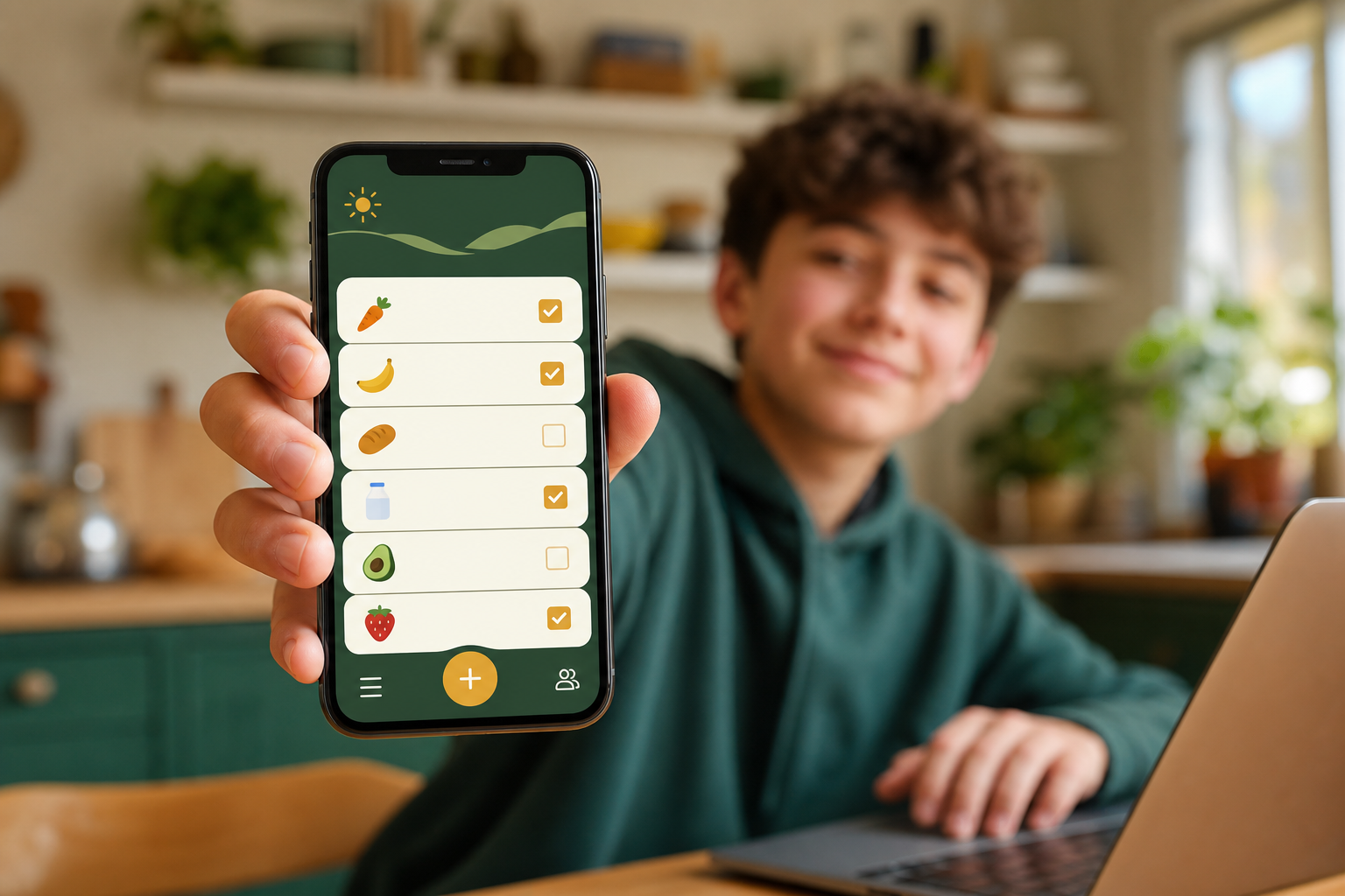 A teen proudly holding up an iPhone showing a grocery-list app they made for their family