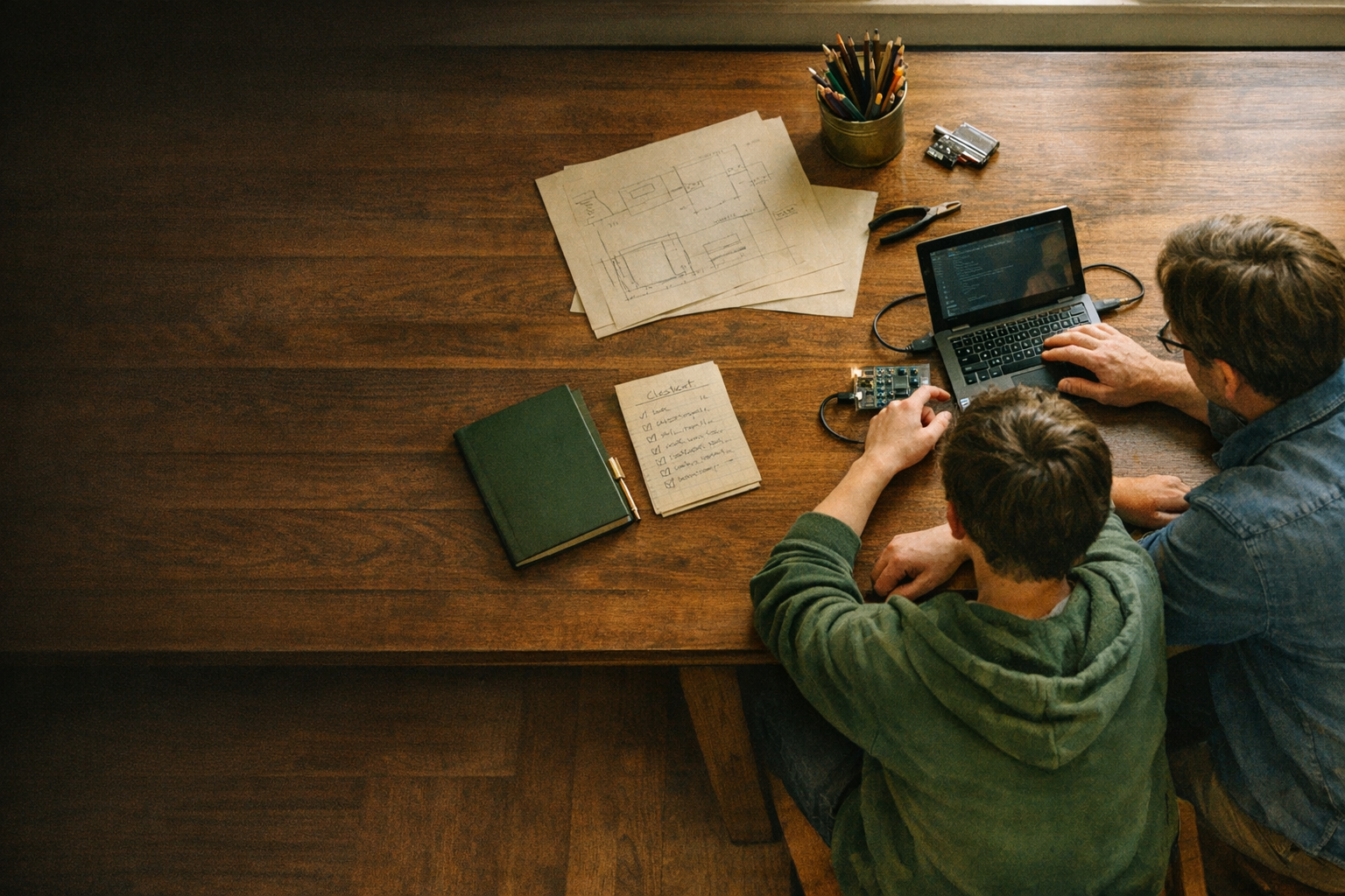 A parent and teen work together at a home maker table with a laptop, sketches, and project notes.
