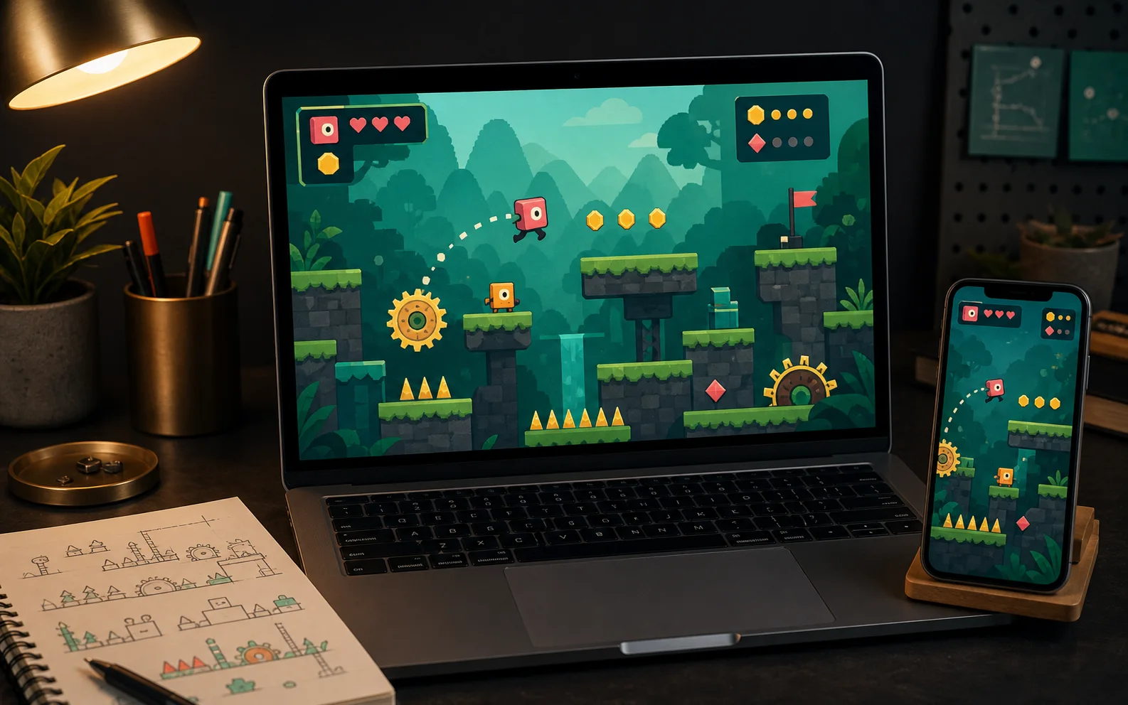 A colorful platform game project shown on a laptop and phone